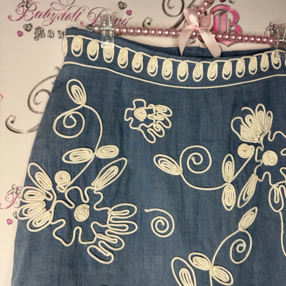 River woods skirt corset lace up tie ribbon embroidered floral flowers denim - Picture 5 of 13